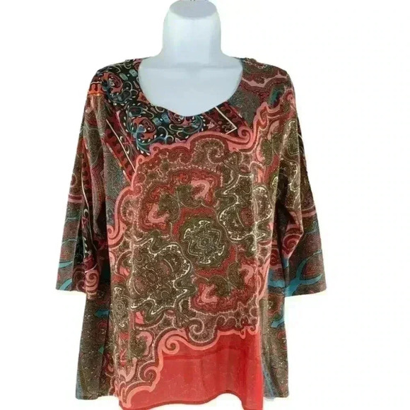 French Blue Women's Multicolor Paisley Shirt Back Embroidered 3/4 Sleeves Top XL - Picture 1 of 6